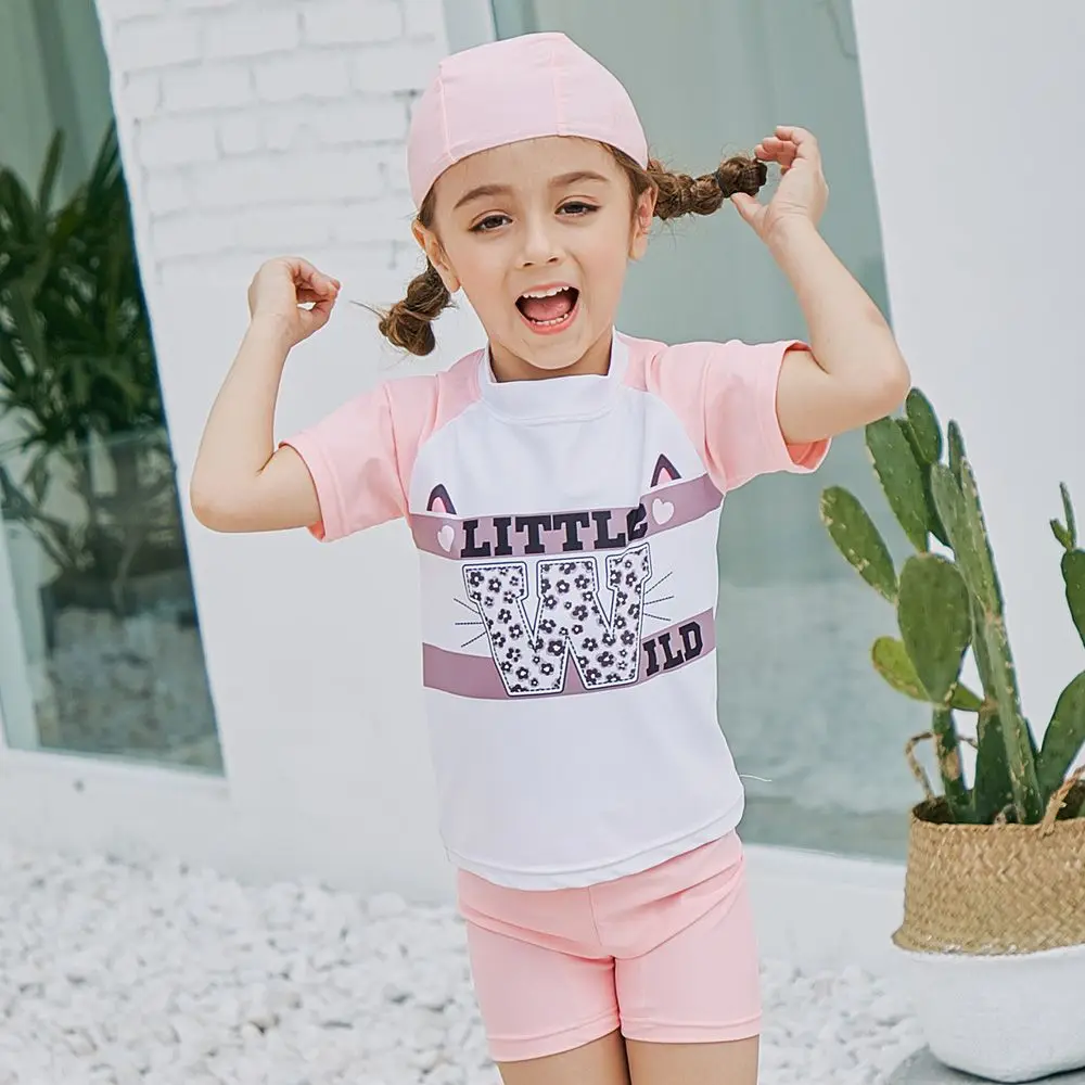 Kids Sunscreen Swimsuit with Letter Pattern Girls Short Sleeve Swimwear Quick Drying Diving Suit Surf Clothing Rashguard