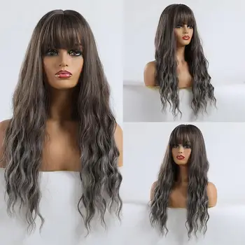 

Brown Wavy Wigs Women Cosplay Brown Gradient Gray Long Hair Long Bangs Straight B5R7