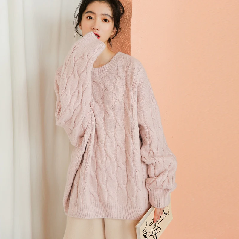 

New Korean Style Autumn Winter 2020 New Linen Flower Color Loose Sweater Long Sleeves Pullovers Sweaters Women Clothes 188H