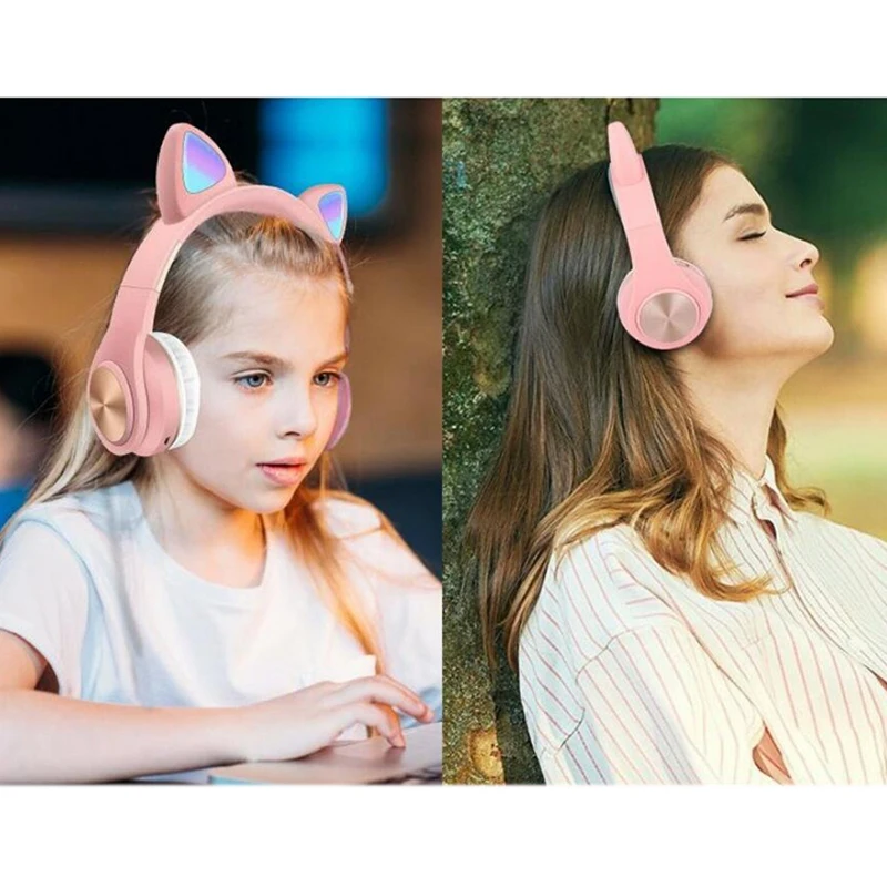 Bluetooth Headphones Cat Ear LED Light Up Wireless Foldable Headphones over Ear for Smartphones Laptop PC TV