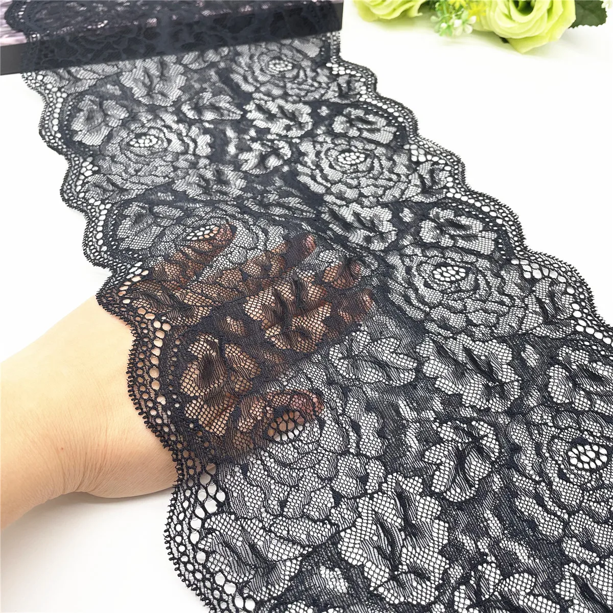 3y/Lot Width 8 7/8 in 22.5cm Black Elastic Stretch Lace Trim 5