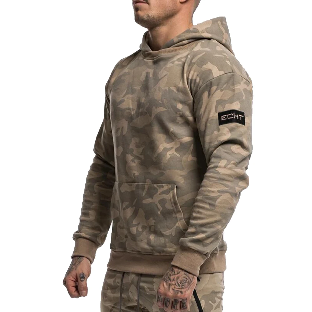 Khaki-Camo Tops Новые нейтральные костюмы Костюмы мужские фитнес камуфляжные толстовки с капюшоном+ Бодибилдинг; бег брюки спортивные брюки прилегающего кроя - Цвет: Khaki-Camo Tops