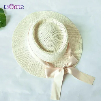 

ENJOYFUR Women Summer Straw sun Hats Ribbon Bow Beach hat female girls fashion flat top Panama hat UV UPF sun hat
