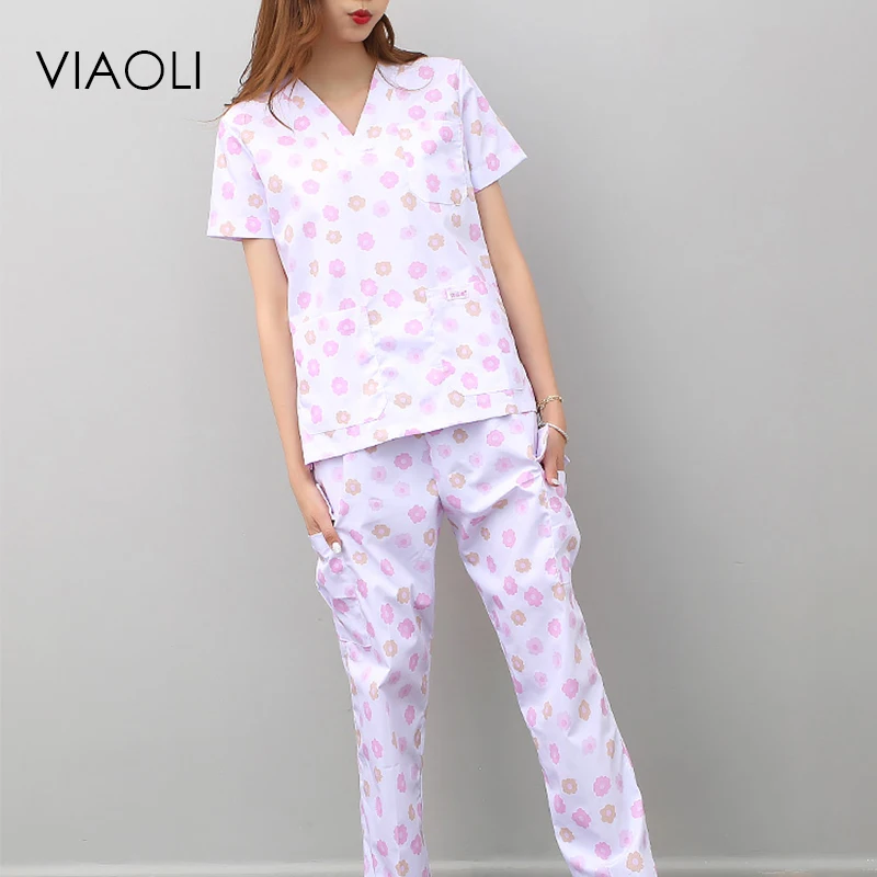 Viaoli women and men Medical Uniforms Nursing Scrubs Clothes Short Sleeve coat Doctor Clothing Brush hand clothing printing