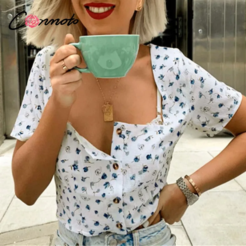 Conmoto Цветочные boho Майки женские короткие рубашки винтажные пуговицы элегантные