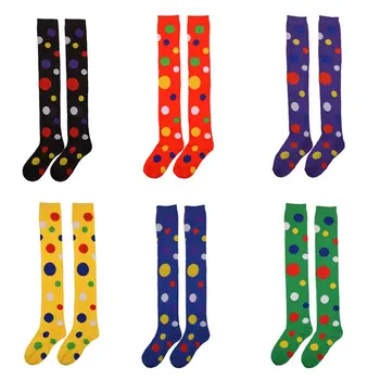 

Women Girls Clown Cosplay Long Fun Colorful Irregular Polka Dot Printed Over Knee Thigh High Stockings Fancy Party Costume