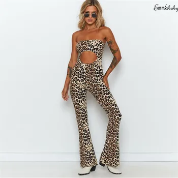 

New Design Women's Sexy Strapless Hollow Out Jumpsuit Lady Stylish Leopard Printed Bodycon Flared Jumpsuit