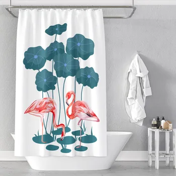

Flamingo digital printing polyester waterproof and mildew proof bathroom shower curtain in lotus leaf