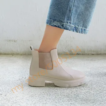 

2019 Spring Autumn Womens Chelsea Ankle Boots Slip on Booties Woman Footwear Flock Platform Creeper Shoes Chunky Heels