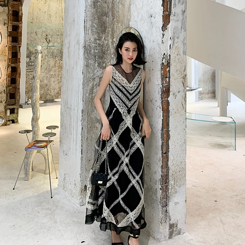 Подиум Стиль кружево сетка пэчворк для женщин платье без рукавов Высокая Талия