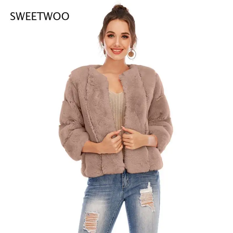 Winter Women Faux Fur Coat Thicken Short Style Soft Artificial Furs Jacket Long Sleeve O Neck Fluffy Solid Color Overcoat