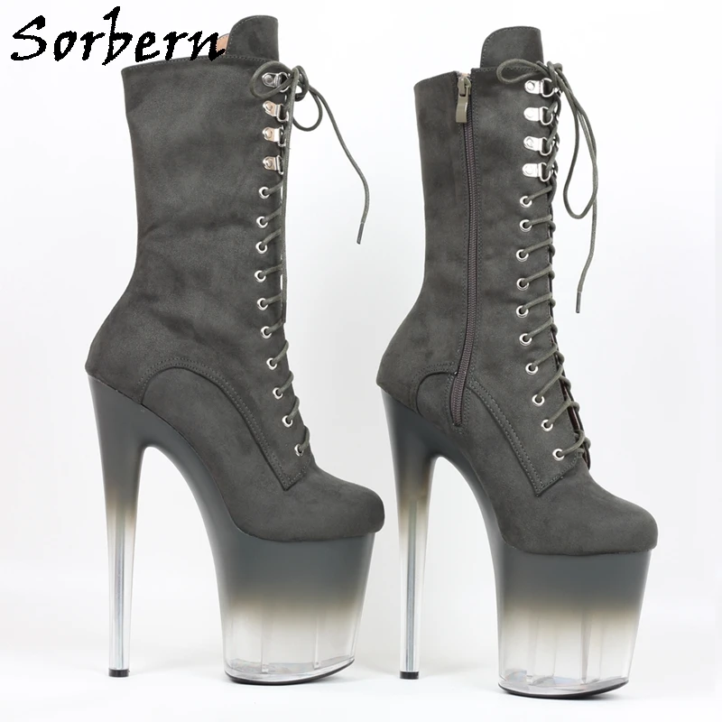 Sorbern Black Ladies Women Boots Low Calf High Boot For Pole Dancer Gradient Perspex Heels 8 Inch Crossdresser Fetish Shoes