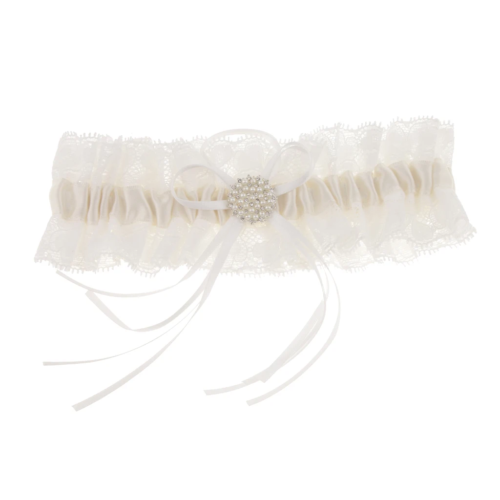 White Lace Bridal Garter with Pearls Bowknot Wedding Bridal Costume Fancy Dress