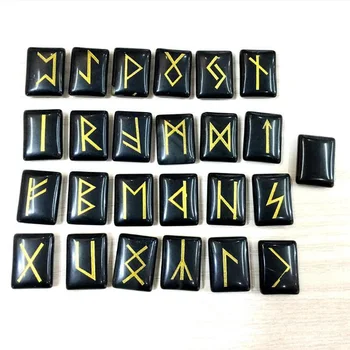 

25pcs/lot Natural obsidian Stone Viking Runes Amulet Set Reiki Healing Crystals Divination Tumbled rectangle Stones