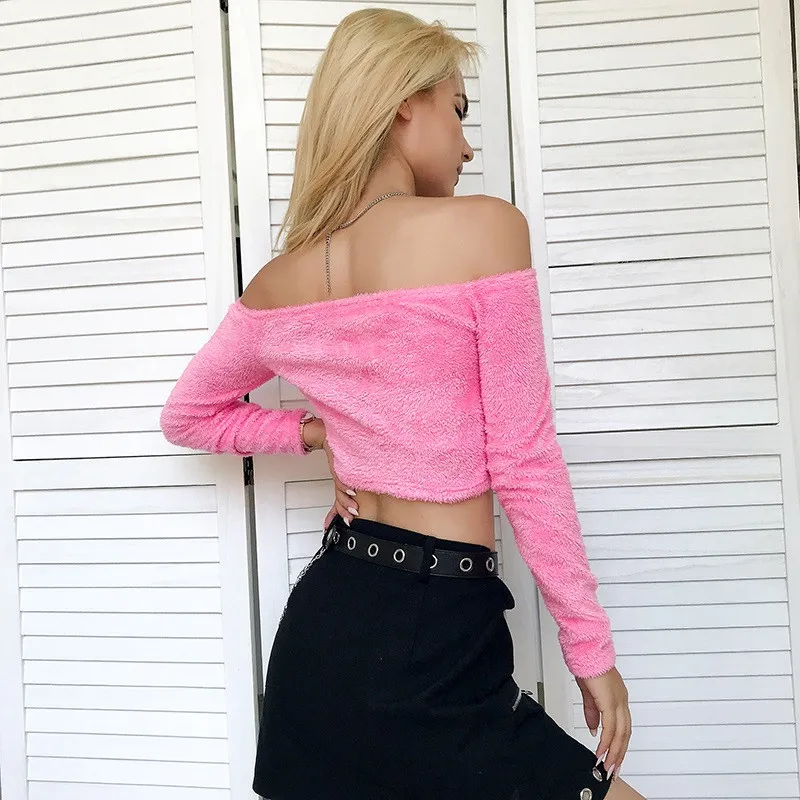 Women Winter Warm Fluffy Front Zipper Sweater Clubwear Jumper Long Sleeve Slash Neck Off Shoulder Sexy Sweater Crop Tops Outwear