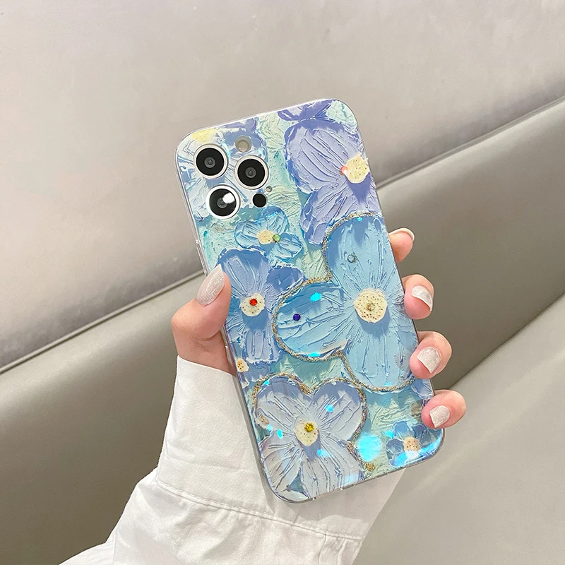 Luxury Fashion Retro Flowers Laser Phone Case For iPhone 13 Pro MAX 12 Mini 11 X XS XR 7 8 Plus SE2020 Soft TPU Shockproof Cover