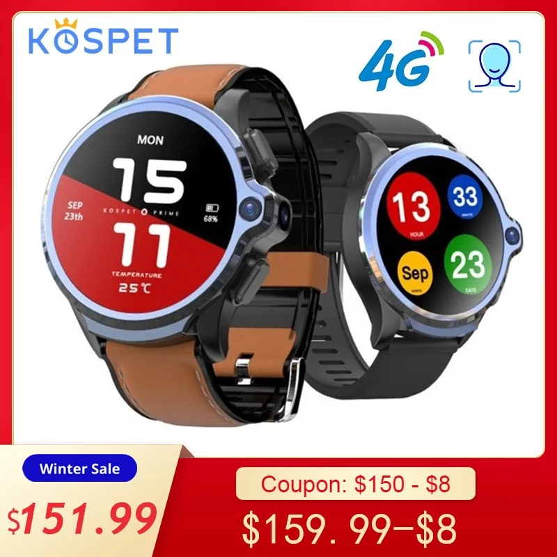 KOSPET Prime 4G Smart Watch1.6 inch 1260mAh Battery Face ID Unlock 3GB 32GB Dual Camera GPS/GLONASS Android Watch Phone for Men KOSPET Prime 4G Smart Watch1.6 inch 1260mAh Battery Face ID Unlock 3GB 32GB Dual Camera GPS/GLONASS Android Watch Phone for Men