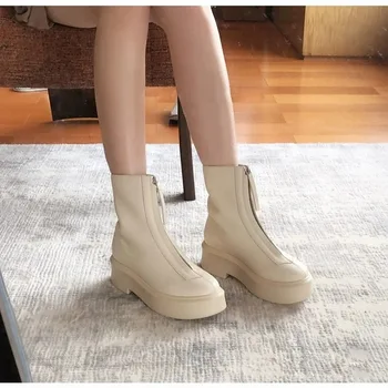 

NAICEN Runway Thick Sole Front Zip Ankle Boots Women Genuine Leather Round Toe Chelsea Boots Woman White Knight Boots Gothic