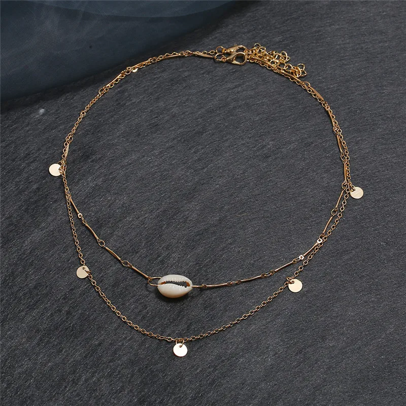 Boho Gold Sequin Shell Dainty Necklace For Women Choker Thin Chain Layered Necklaces Collares Fashion Chocker Jewelry Bohemian