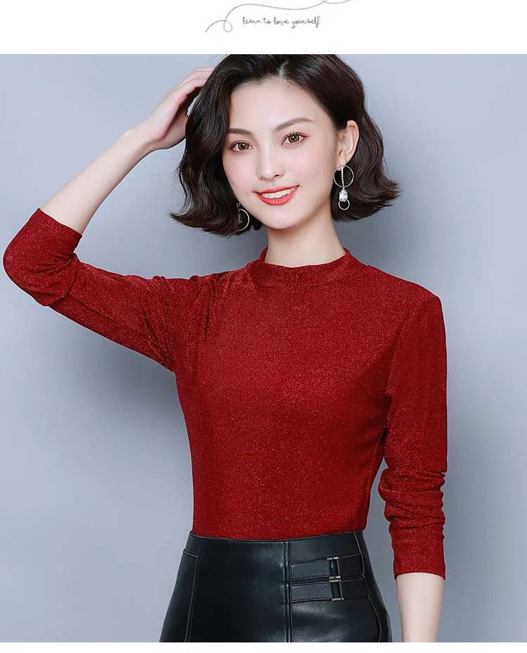 Зима, длинный рукав, однотонный пуловер, блузка, женская рубашка, повседневная, облегающая, размера плюс, женская одежда, топы, Chemisier Femme 7105 50 - Цвет: Красный