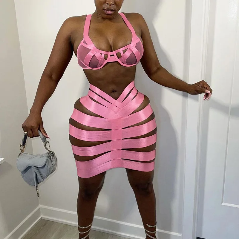 Sexy Solid Striped Bandage Skirts Bodycon Dress Set Sheer Mesh See Through Hollow Out Crop Top + Mini Slim Two Piece |