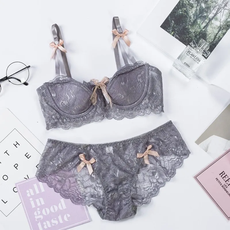Fashion Sexy Bra Sets Plus Size C D Cup Thin Cotton Underwear Women Set Lace Comfortable Brassiere Gray Bras Embroidery Lingerie