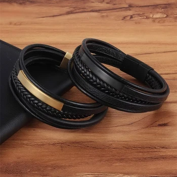 Multi-layer Hand-woven Gold Steel Black Leather Stainless Steel DIY Size Carved Logo Surprise Birthday Gift Bracelet