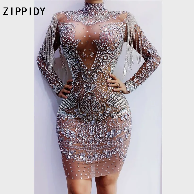 Sparkly Silver Rhinestones Fringe Transparent Women's Dance Dress
