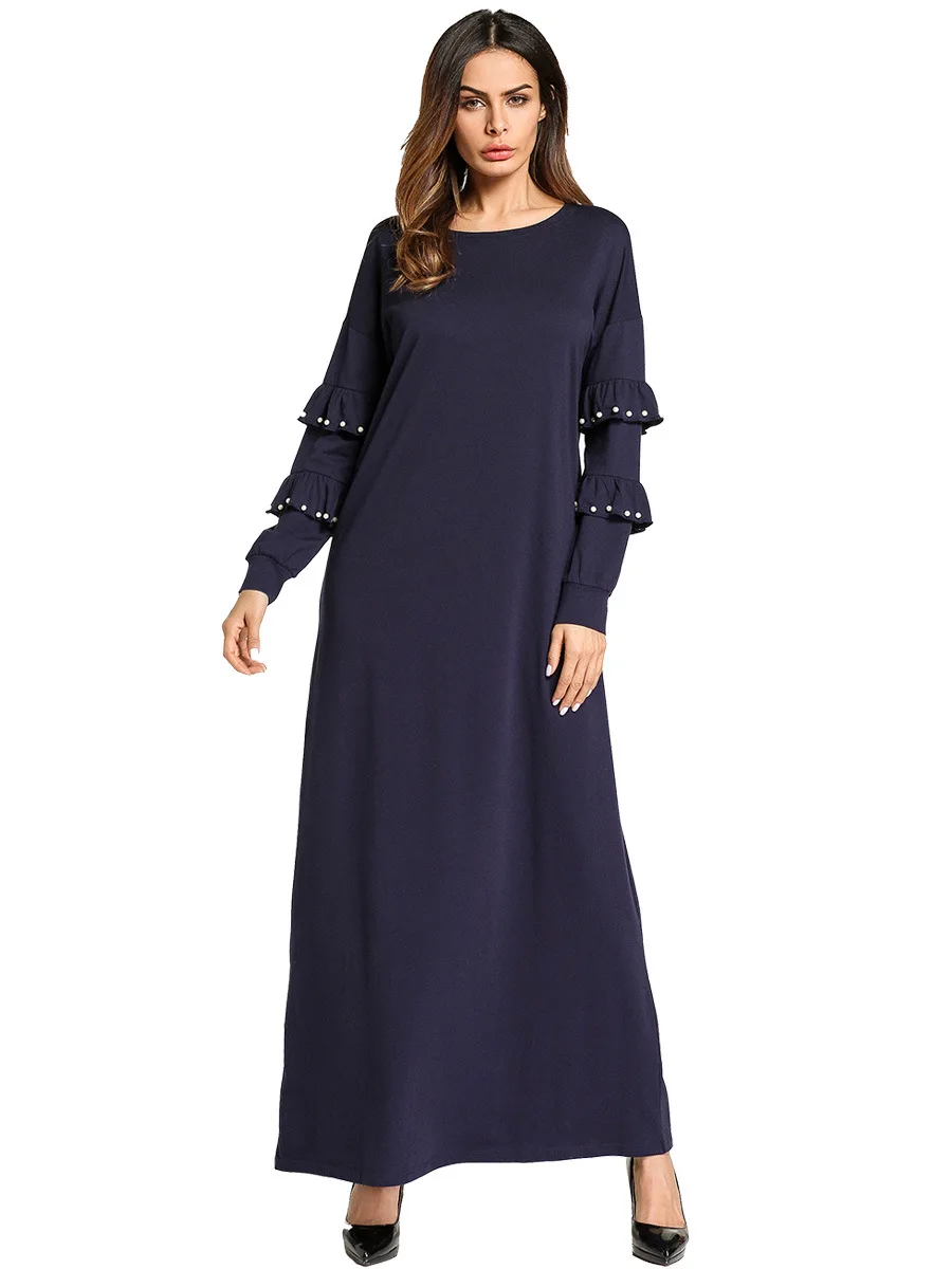 Мусульманское платье Среднего Востока; вязаное осеннее платье с оборками и бусинами; модное простое платье; abaya Femme Musulman Robe