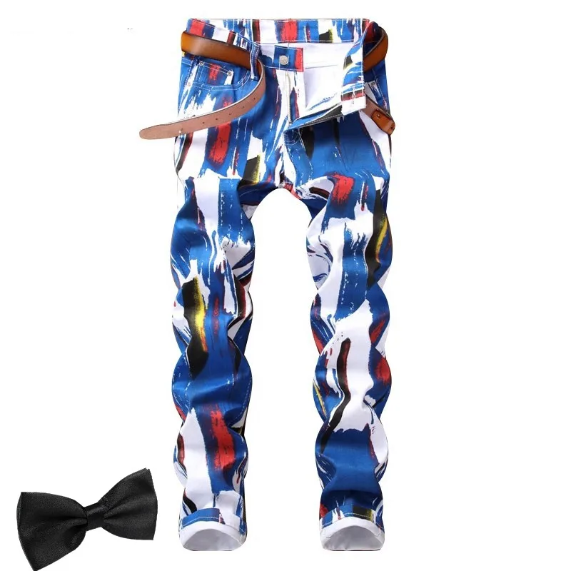 Xmas Gift 2019 Man Slim Jean Printed White Black Floral Paint Men Skinny Pencil Pants Club Cool Male Jeans hombre fleurs homme