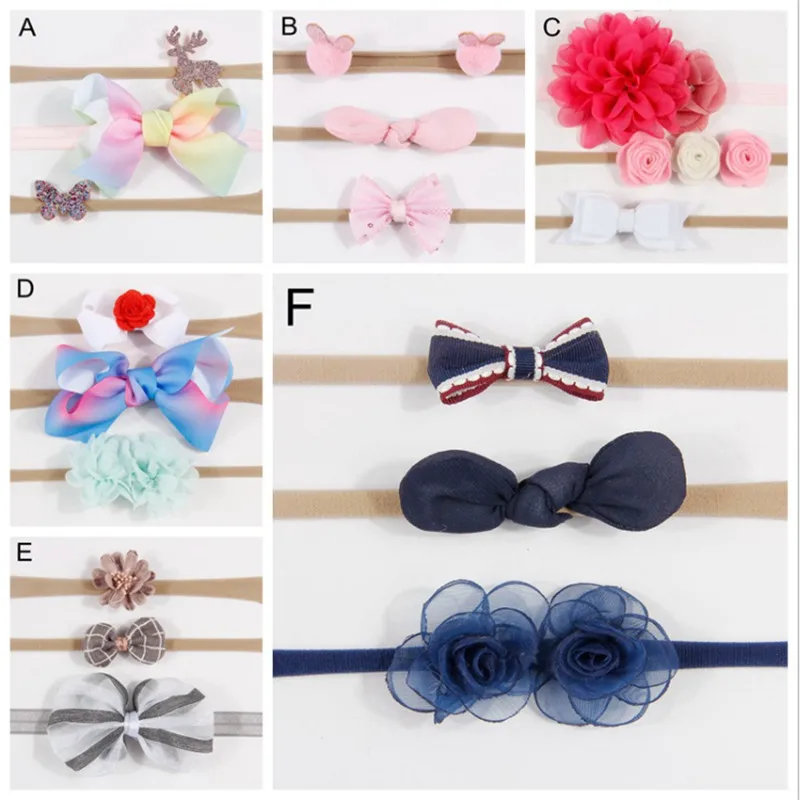 

New Hot Sale Bowknot Flower Christmas Children's Headband Nylon Headband Baby Three-piece Hair Accessories Headwear