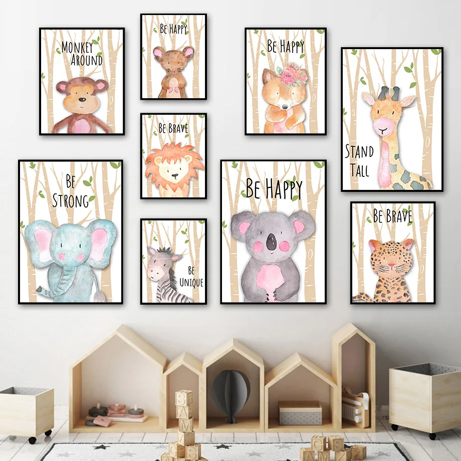 

Cartoon Flower Branch Koala Mouse Fox Animals Nordic Posters And Prints Wall Art Canvas Painting Wall Pictures Kids Room Decor