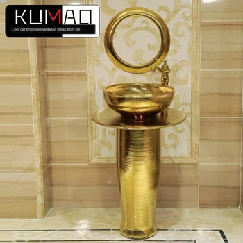 

European-Style Art Pedestal Basin Wash Basin Bar Floor-Type Wash Basin Ceramic Gold One-Piece Wash Inter-Platform Basin hot