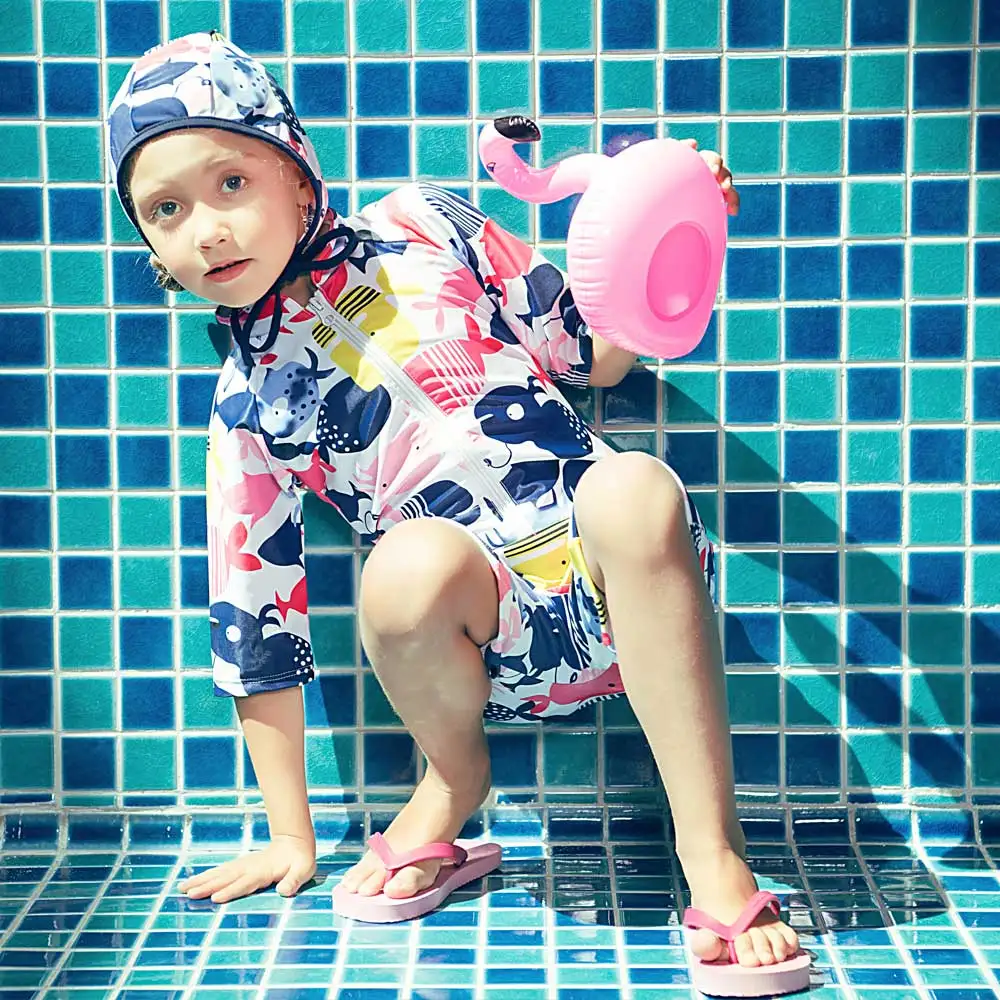 Swimsuit Baby Girls Swimwear Toddler Sunsuits One Piece Bathing Suit with Swimming Cap Zip Front Rash Guard Beachwear | Спорт и