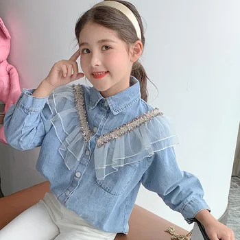 

Fashion Girls Denim Shirts Lace Turn-down Collar Blouse Kids Single Breasted Cardigan Tops 3-14y Children Leisure Loose Shirt