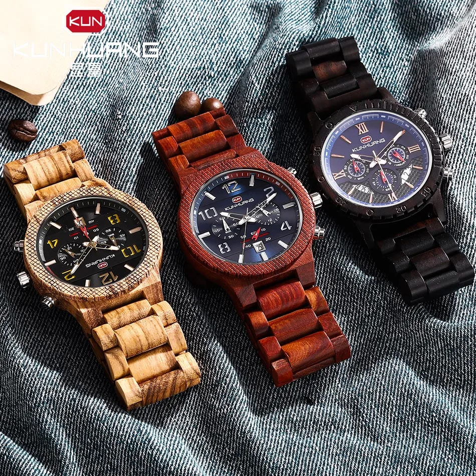Men All Wooden Watch Reloj Hombre Mens Watches Top Brand Luxury Big Dial Casual Luminous Chronograph Wood Men Clock