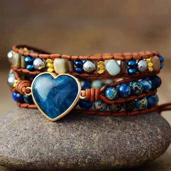 Spiritual Vintage Leather Wrap Bracelets Heart Shape Apatite Stone 3 Strands Bracelet Classic Handmade Jewelry Bijoux