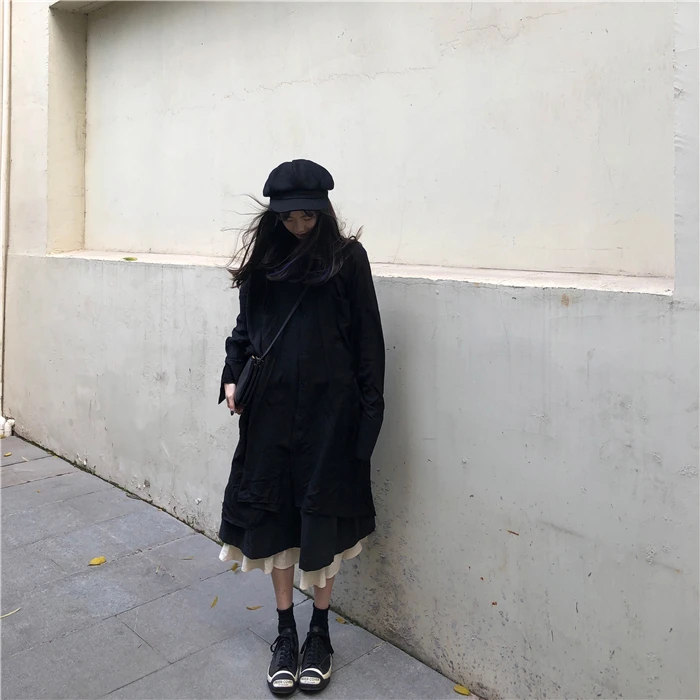 Женская одежда осень зима harajuku черная Повседневная негабаритная рубашка с длинными рукавами и высокая талия длинная юбка комплект из двух предметов