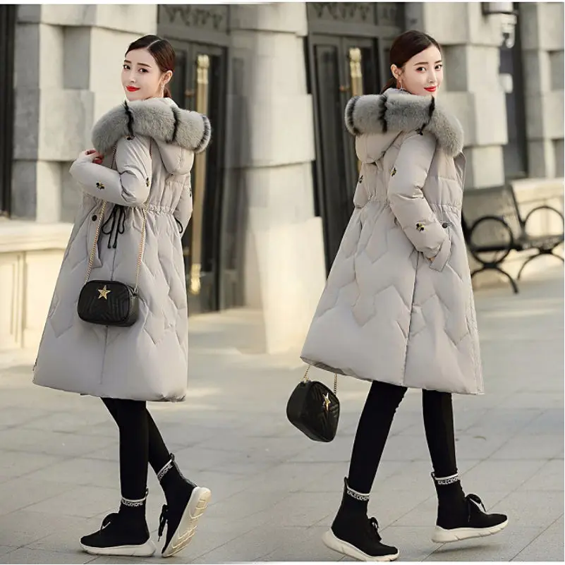 Embroidered down cotton padded women's medium length winter new Korean version loose waisted cotton padded jacket padded - Цвет: Серый