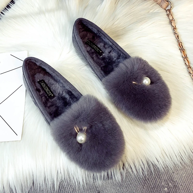 

Big Pearl Metal Bunny Ears Cotton Moccasins Winter Plush Shoes Women Thicken Soled Furry Loafers Cozy Fur Flats Plus Size