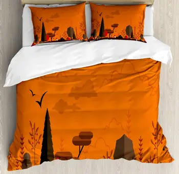 

Forest Duvet Cover Set Landscape Tree with Clouds and Mushroom 3 Piece Bedding Set Orange Taupe