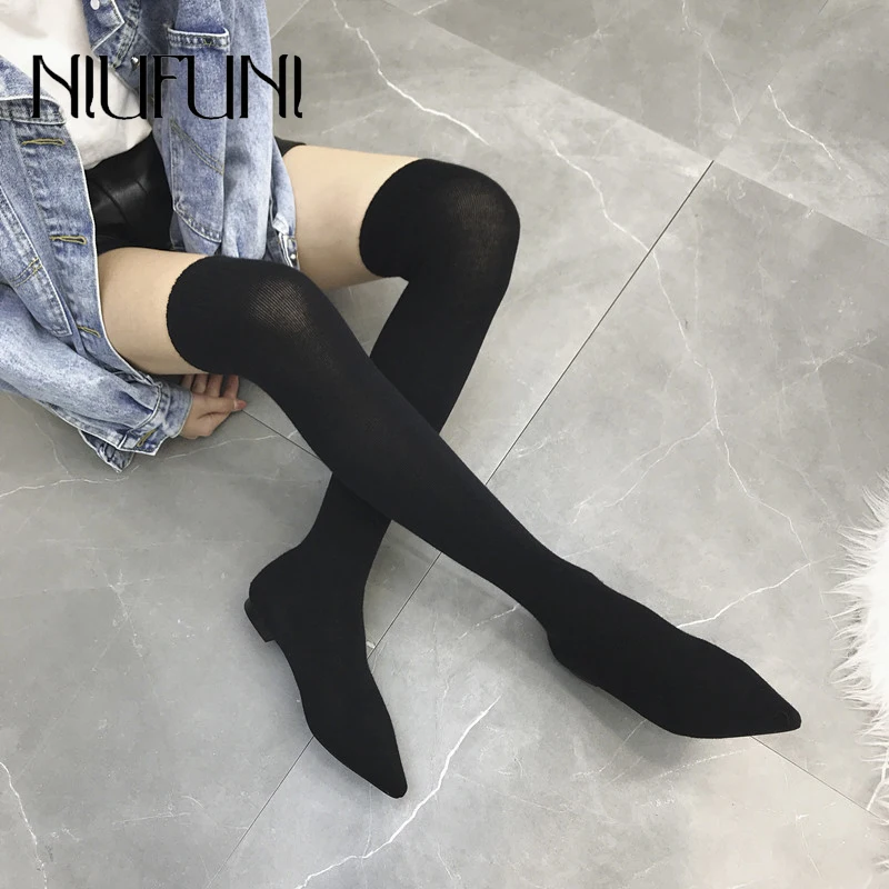 over the knee pointed toe flat boots