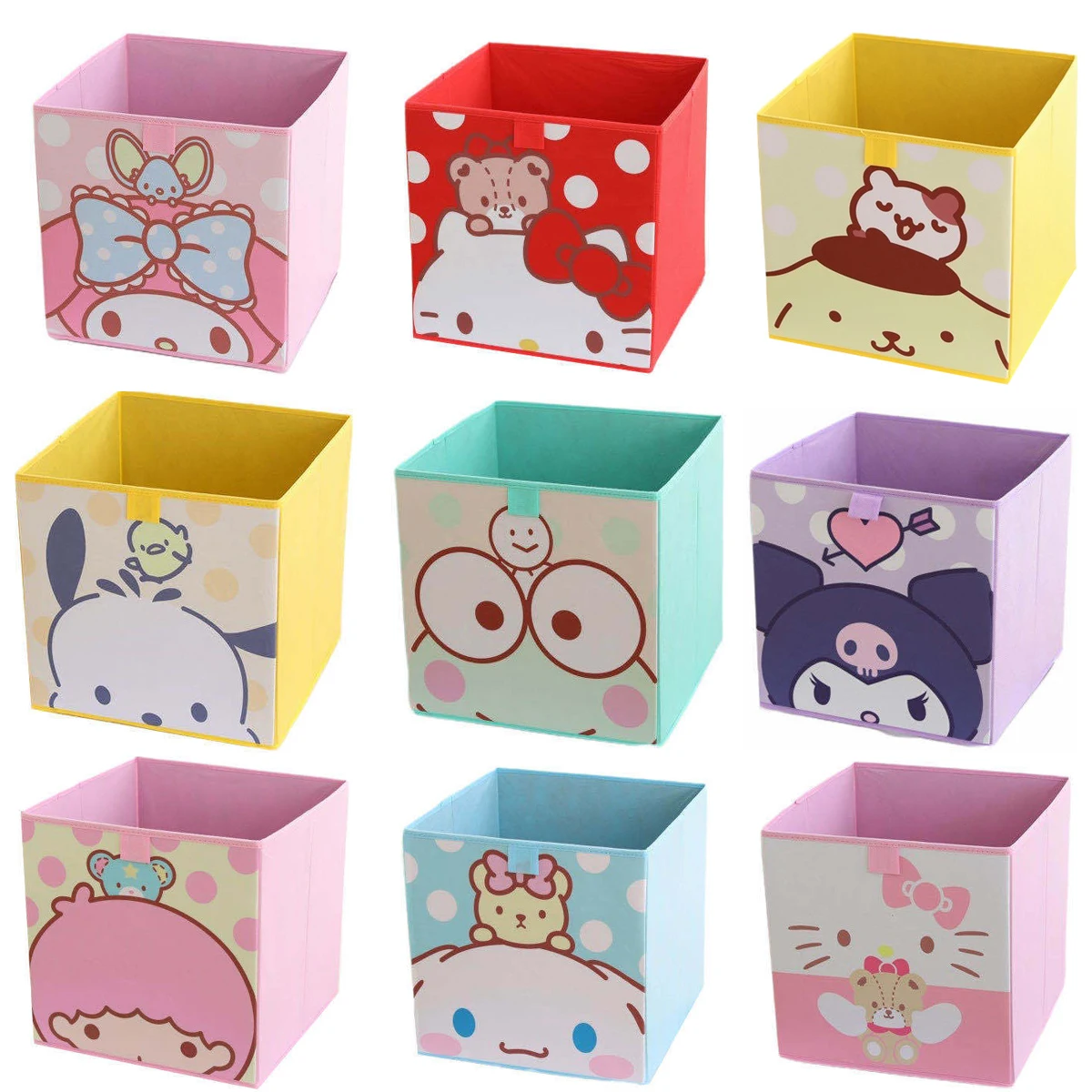 Large Fabric Cube Storage Bin Eco-Friendly Foldable Toys Box Square Kawaii Cartoon Kitty Container Organzier for Bedroom 13inch