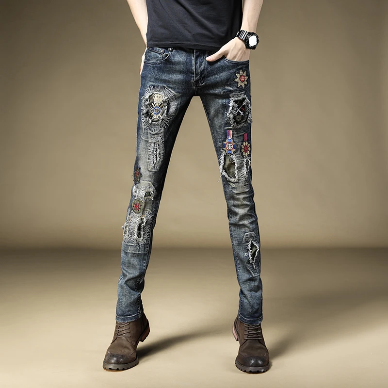 Новинка, мужские Модные осенние и зимние мужские джинсы, брендовые хип-хоп тонкие корейские брюки с вышивкой