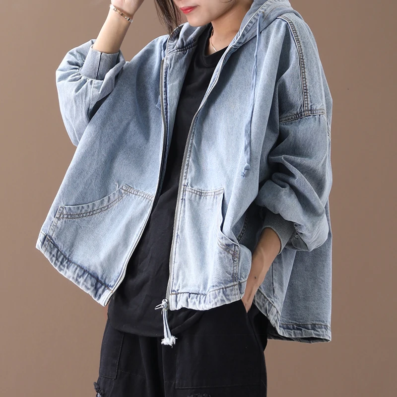 

[EWQ] 2019 Spring Autumn New Pattern Loose Large Size Literary Drawstring Washed White Denim Short Coat Female Jacket PA009