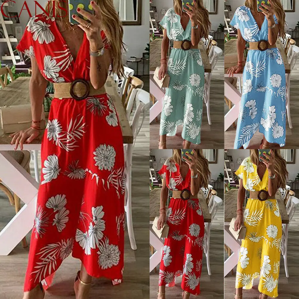 2019 Для женщин Летнее Boho Цветочный принт Макси платье вечернее длинное Бандажное облегающий, большой размер XL Vestidos стильное длинное пляжное