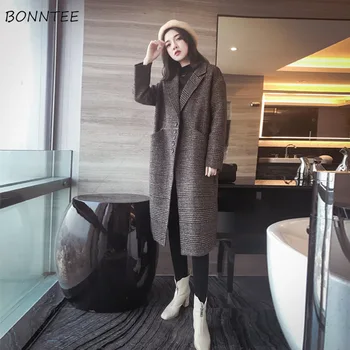 

Wool Women Retro Leisure Chic Single Breasted All-match Loose Blends Students Pocket Womens Long Woolen Coat Simple High Quality