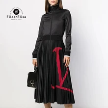 Женское длинное платье Элегантное Черное плиссированное платье с длинным рукавом на молнии роскошное Дамское Платье Осень
