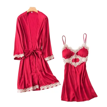 

Spring And Fall New Women Ice-Silk Nightgown Korean Style Pajamas Set Solid Color Sexy Lace Sleepwear Ladies Comfort Homewear
