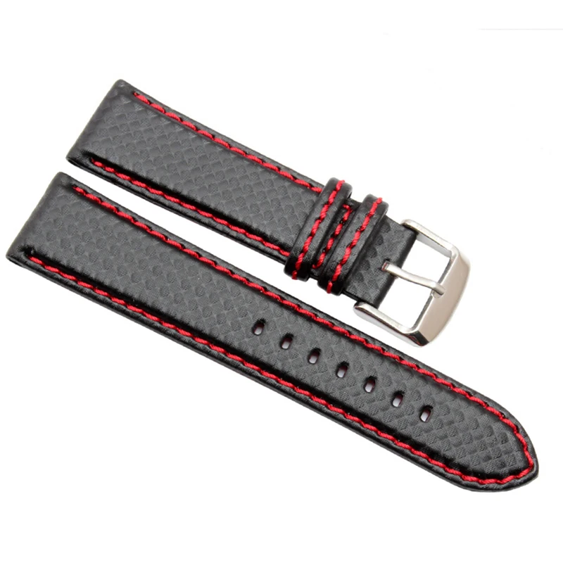 Durable Black Genuine Leather Watchband with Orange Stitching and Silver Clasp